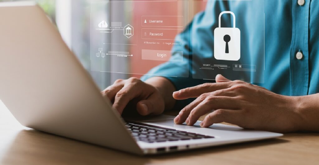 A person using a laptop with a digital security lock overlay, representing quickConnect™'s encrypted transactions, GDPR compliance, and secure authentication protocols.