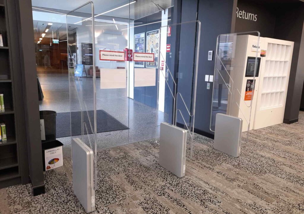 RFID gates at the entrance of Blue Mountains Library for security and inventory control.
