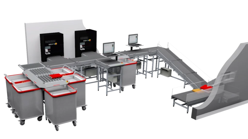 complete flexAMH backend layout with conveyors and bins