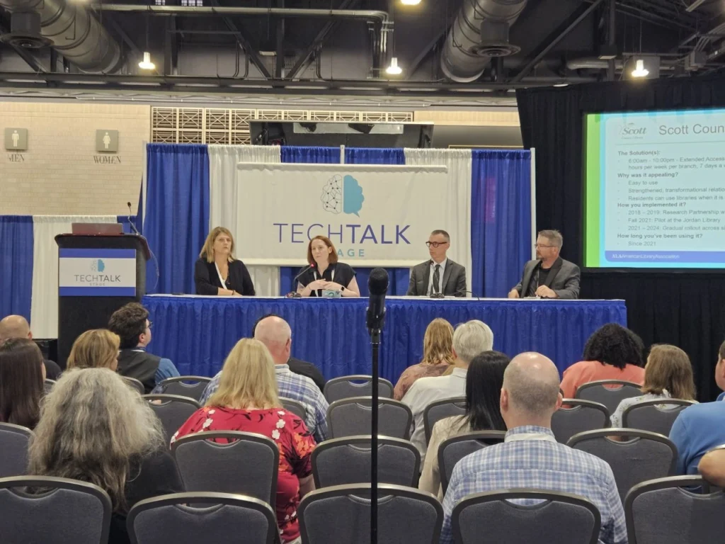 Panelists speak during Bibliotheca’s Tech Talk at ALA 2025